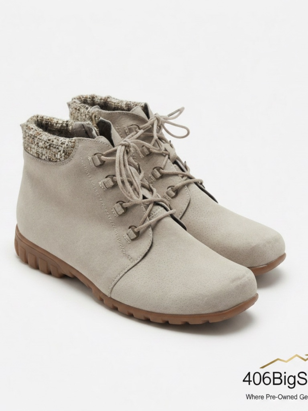 Propet Taupe Lace-Up Ankle Booties with Knit Collar